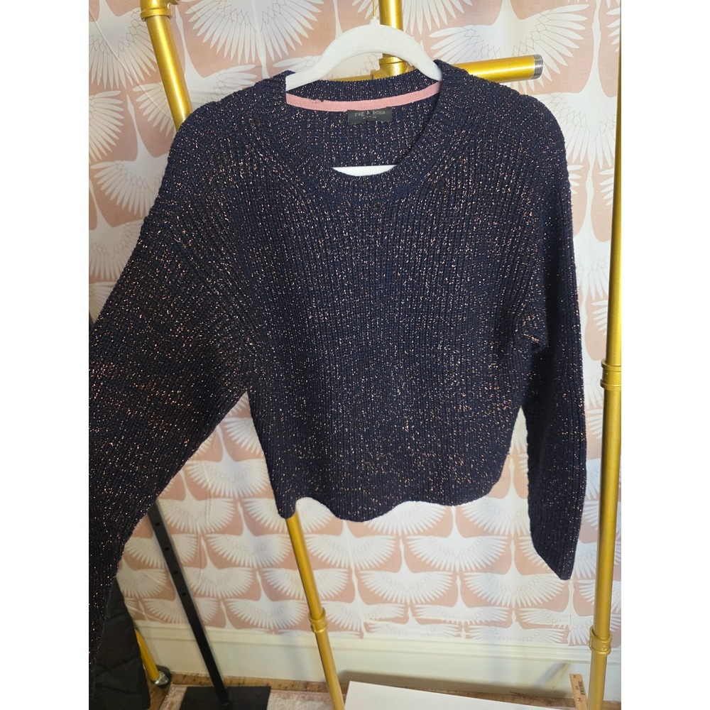 Rag & Bone M Merino Wool Metallic Sweater Navy Gold Button Cuff Luxury Knit